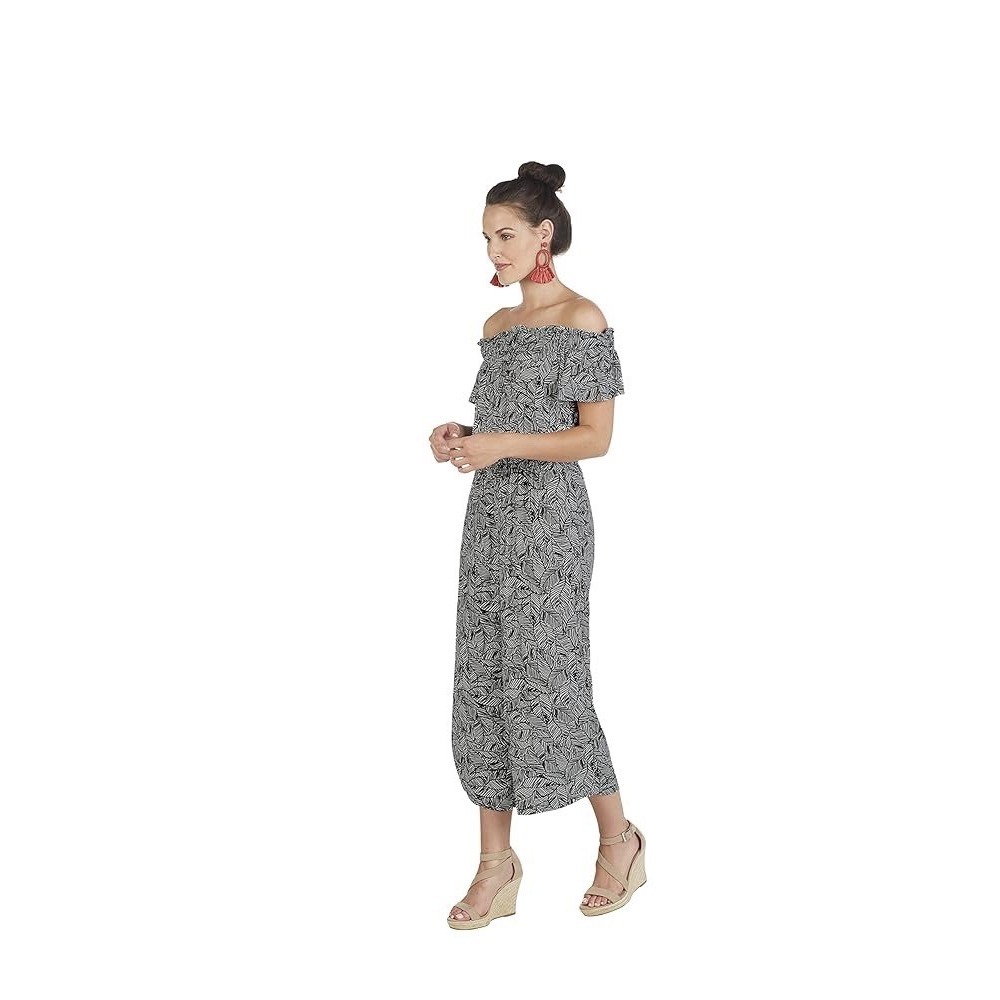 Mud Pie Jasmine Jumpsuit Women's Small Black White Leaf Off The Shoulder